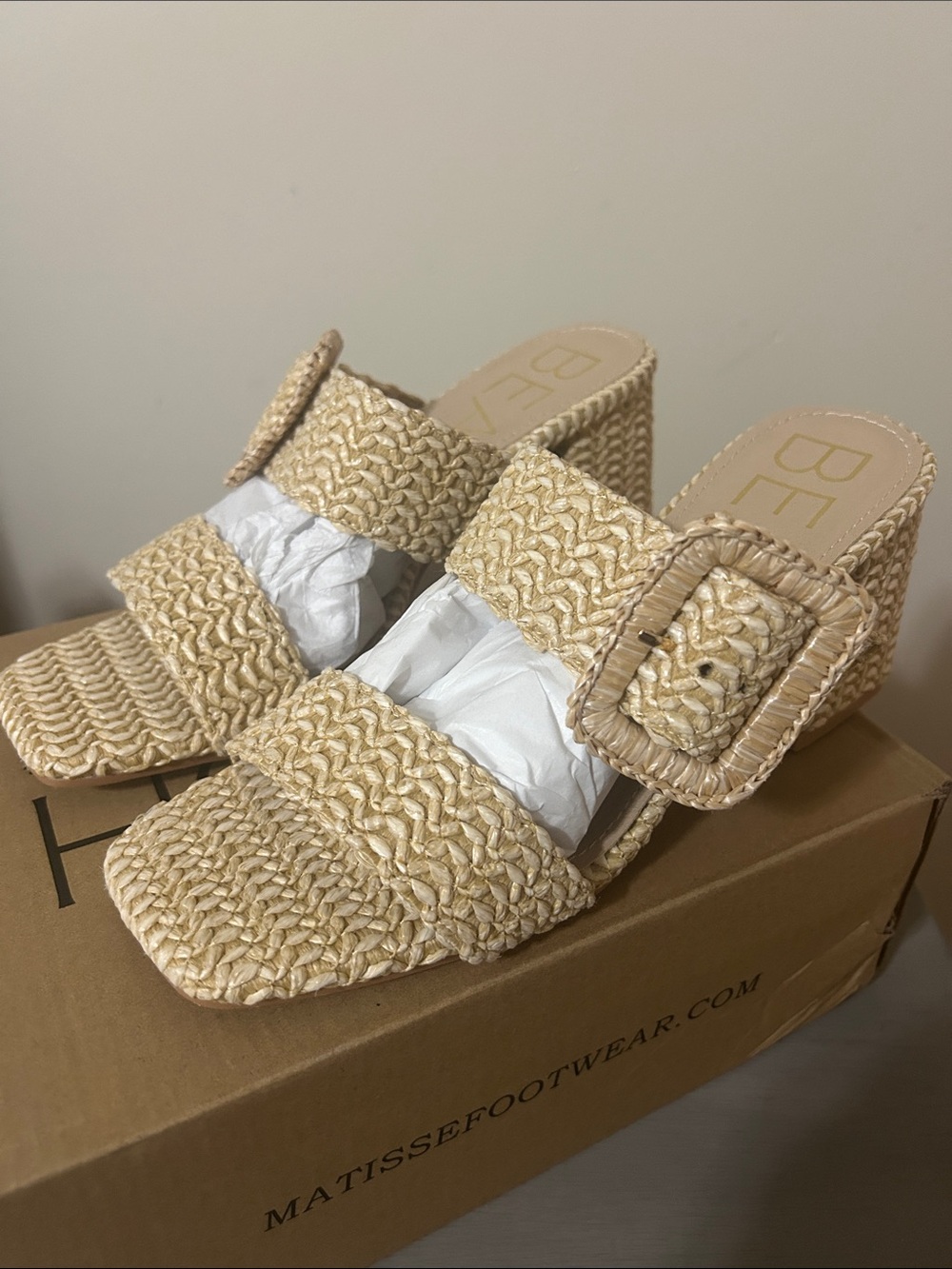 Cream Woven Buckle Slide Heels
